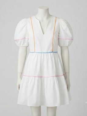 English Factory Tiered Puff Sleeves White Cotton Summer Mini Dress XS